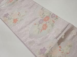 雲取りに草花模様織出し袋帯